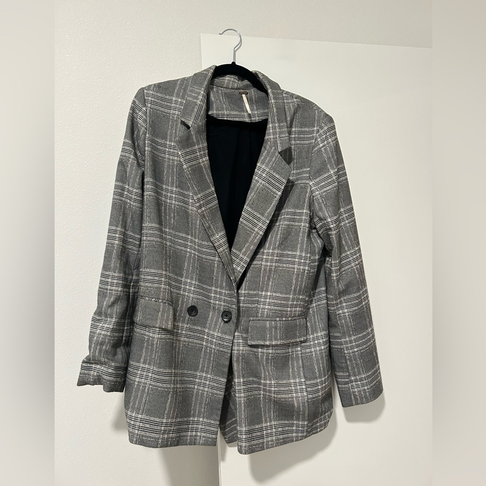 Free People Gray Plaid Double-Breasted Blazer